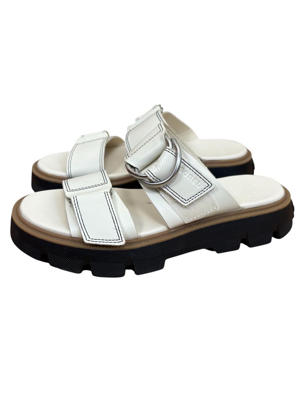 Sorel Rein CB Sandals Women’s Size 6 Leather Chunky Buckle In White Black